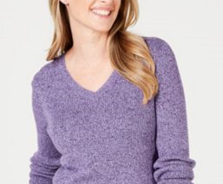 Karen Scott Women's Petite Cotton Ribbed Marled Sweater Purple Size Petite Small