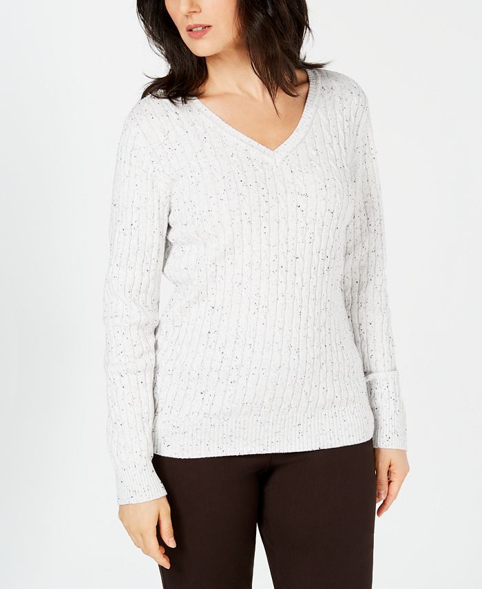 Karen Scott Women's Cable-Knit V-Neck Sweater Natural Size Petite Large