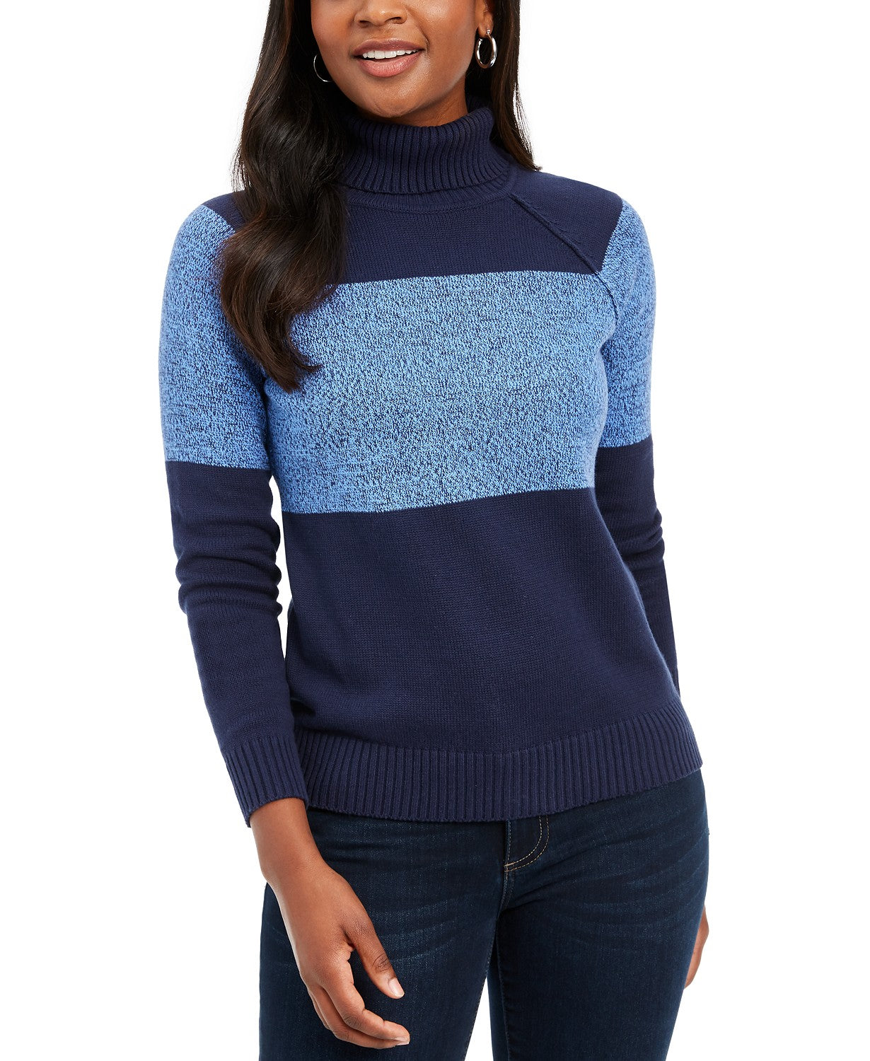 Karen Scott Women's Colorblocked Cotton Turtleneck Sweater Blue Size Medium