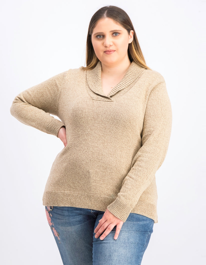 Karen Scott Women's Cotton Marled Shawl-Collar Sweater Brown Size Small