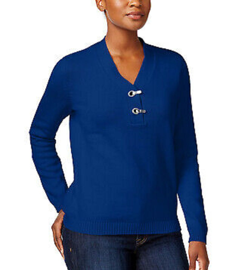 Karen Scott Women's Cotton Marled Henley Sweater Blue Size Medium