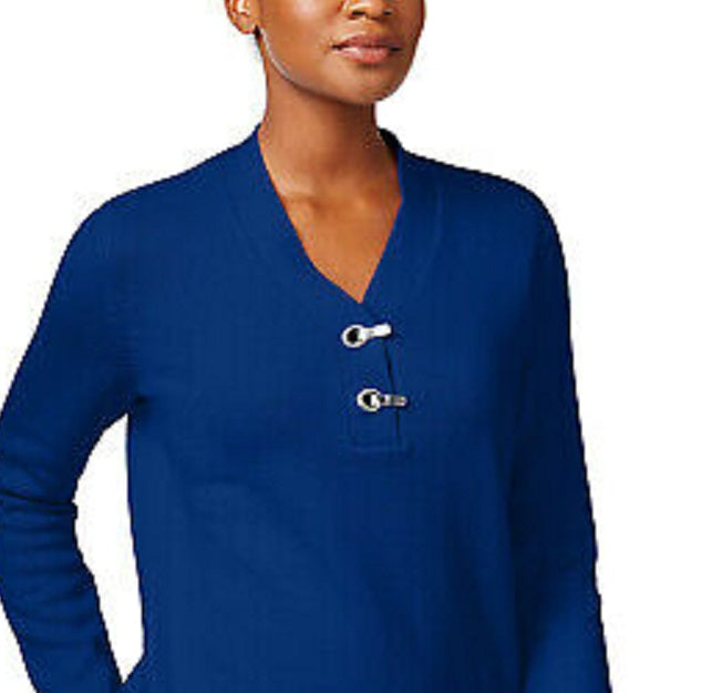 Karen Scott Women's Cotton Marled Henley Sweater Blue Size Medium
