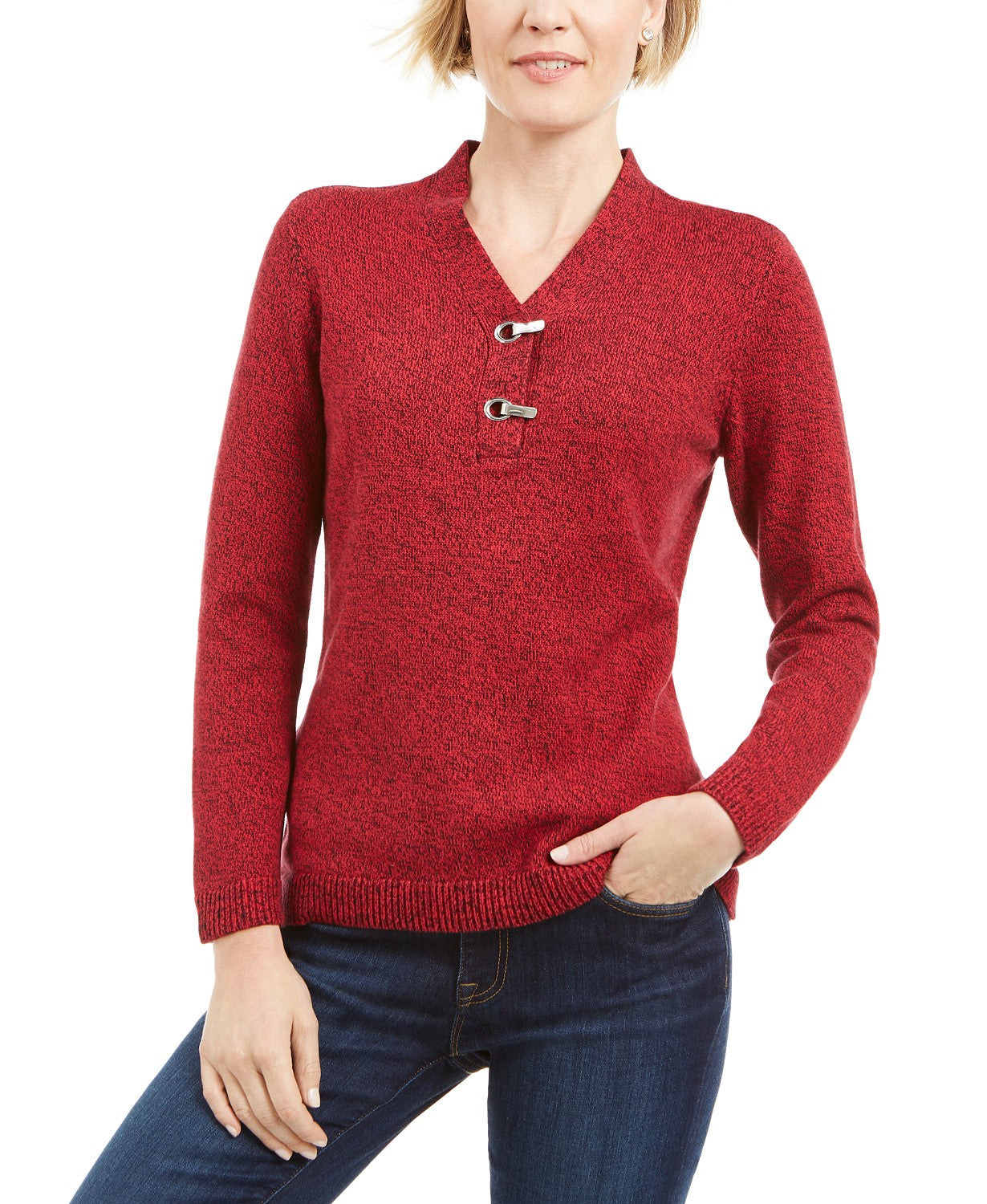 Karen Scott Women's Cotton Marled Henley Sweater Red Size Extra Large