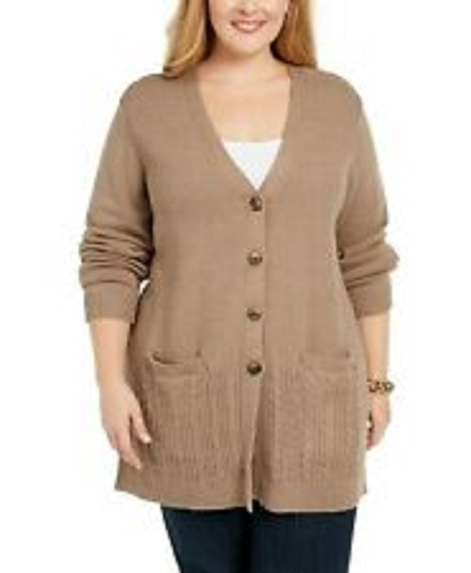 Karen Scott Women's Mixed-Stitch Button-Front Cardigan  Brown Size Medium