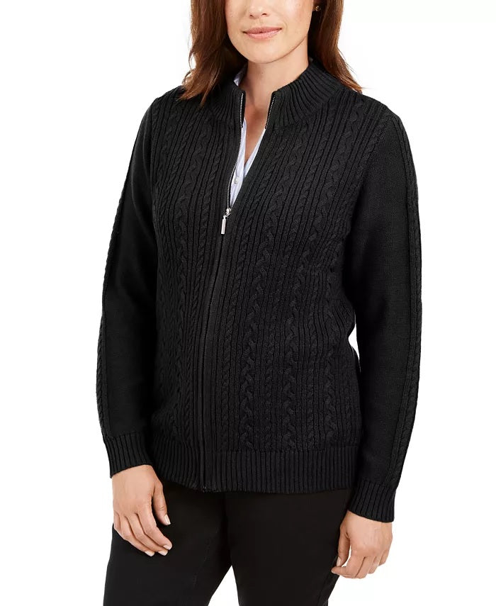 Karen Scott Women's Petite Cable-Knit Zip-Front Sweater Black Size Petite Small