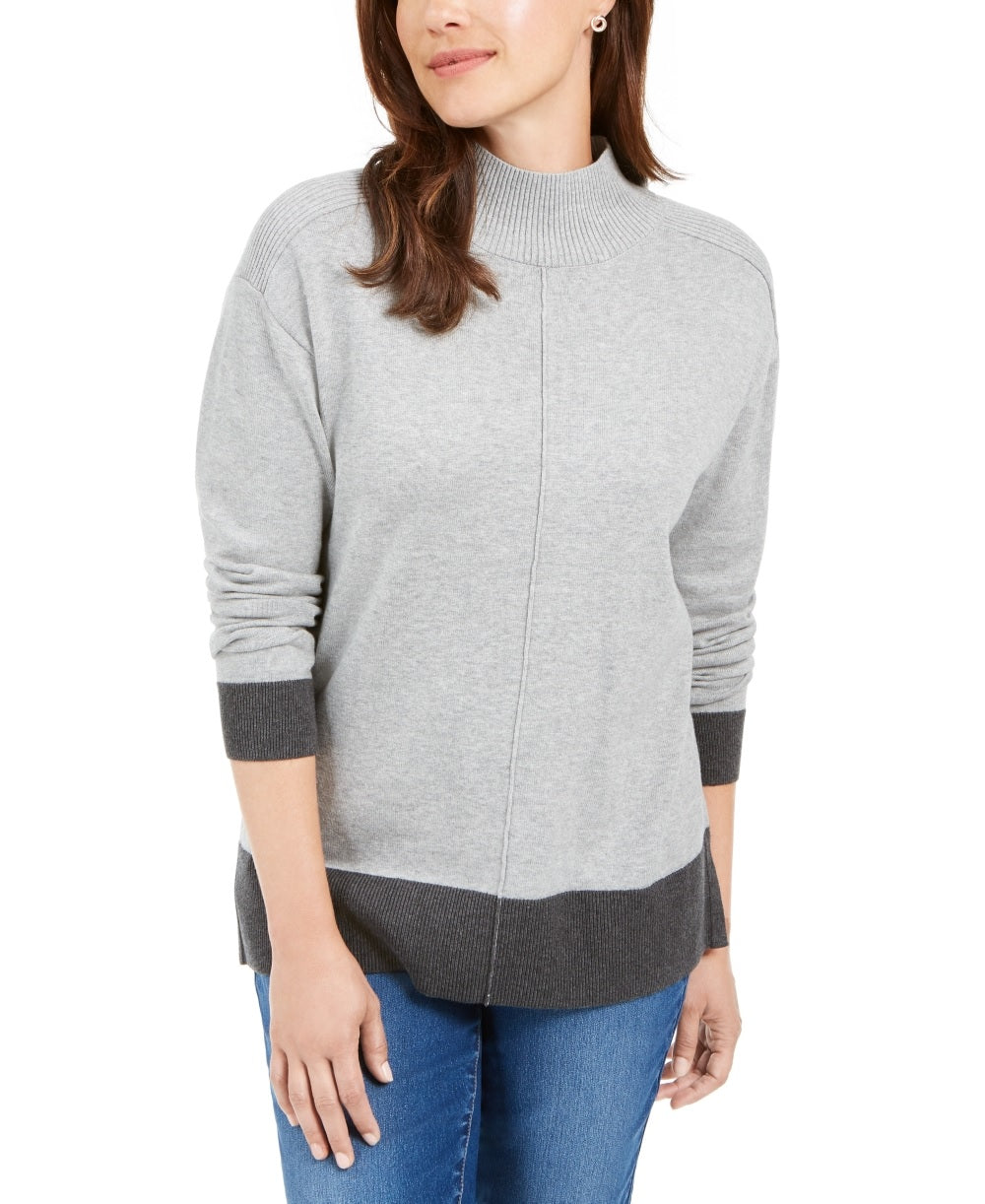 Karen Scott Women's Erin Cotton Colorblocked Mock-Neck Sweater Gray Size Small