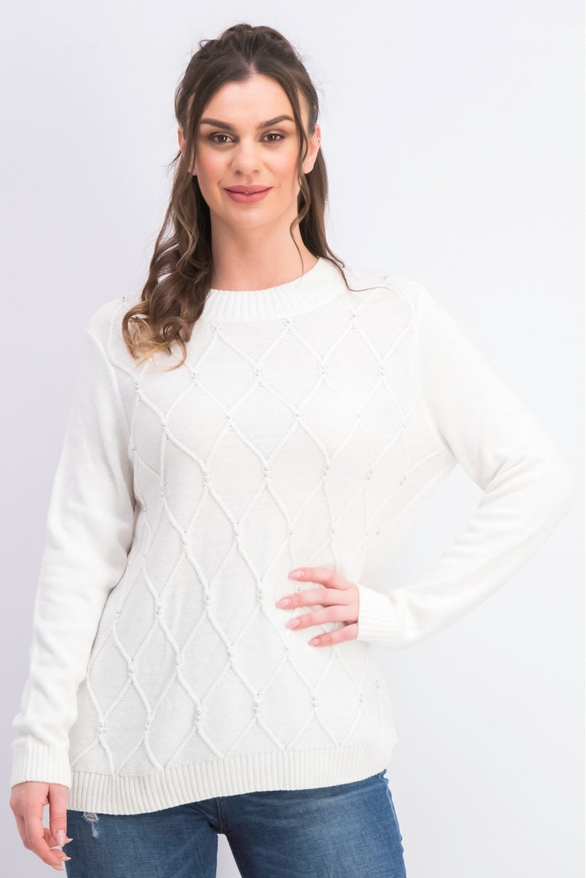 Karen Scott Women's Cable Knit Beaded Sweater White Size Medium