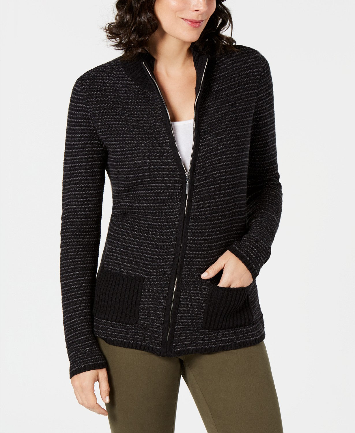 Karen Scott Women's Textured Zip-Front Cardigan Black Size Large