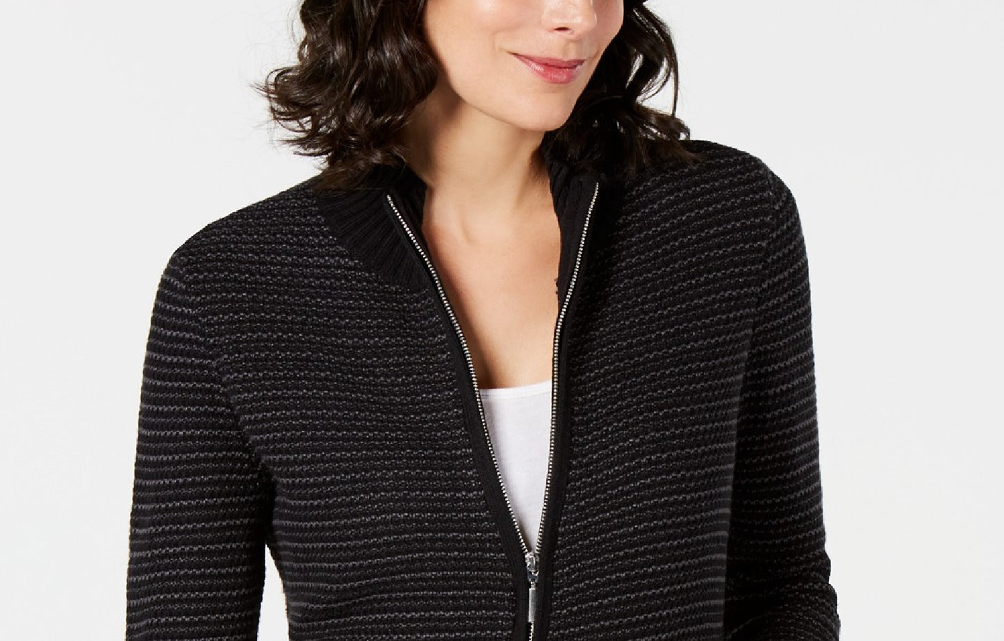 Karen Scott Women's Textured Zip-Front Cardigan Black Size Large