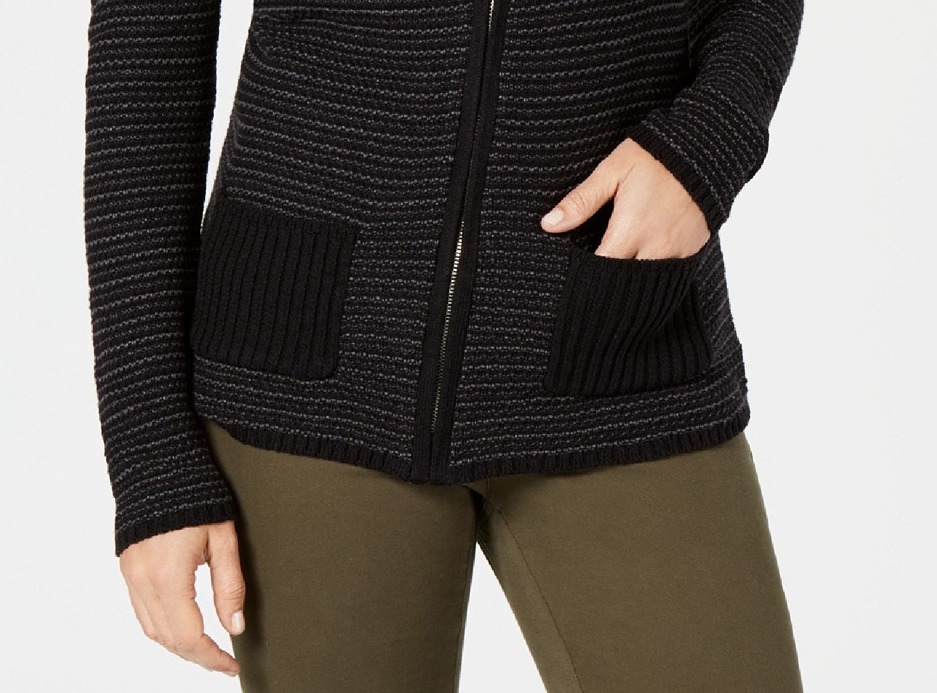 Karen Scott Women's Textured Zip-Front Cardigan Black Size Large