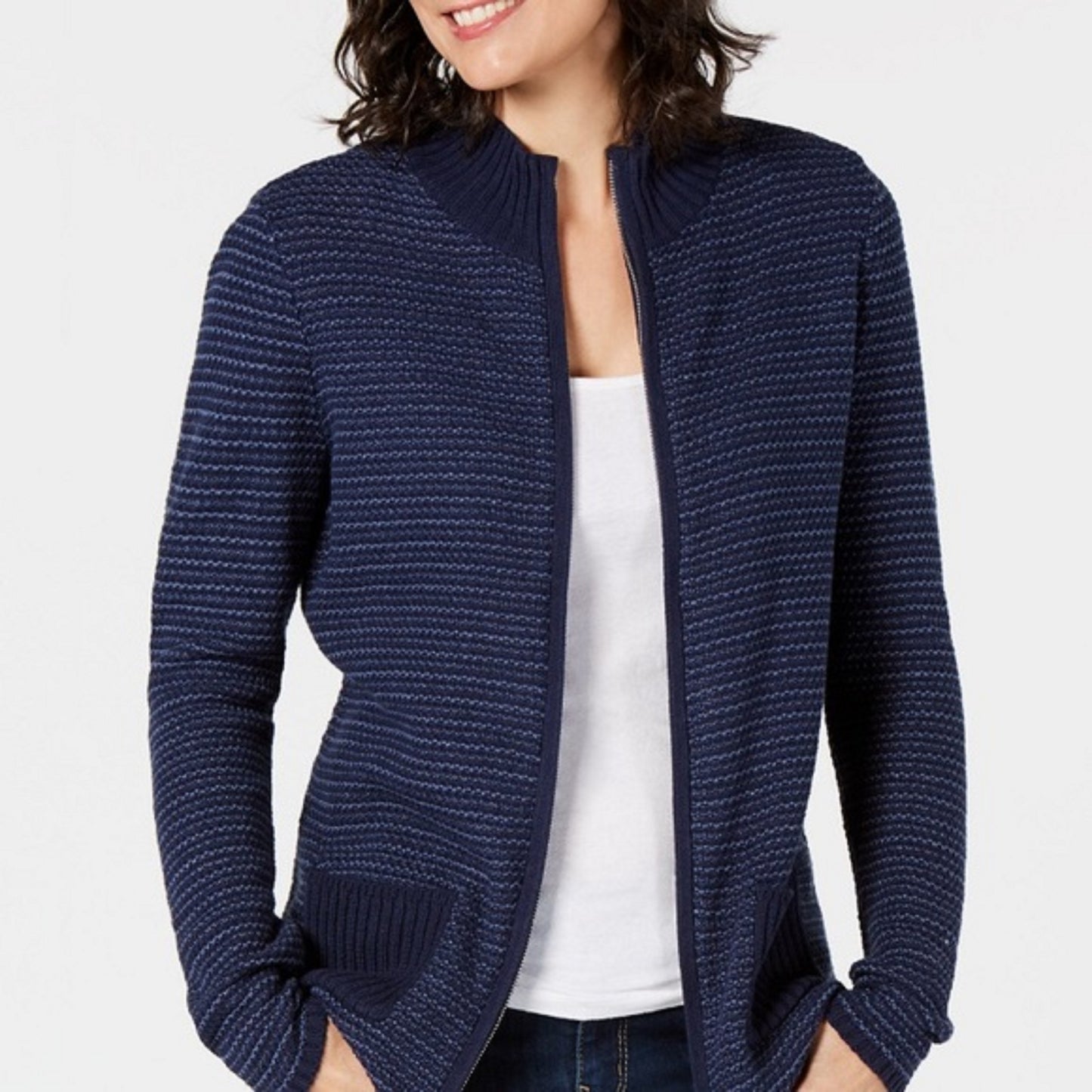 Karen Scott Women's Textured Zip-Front Cardigan Navy Size Small