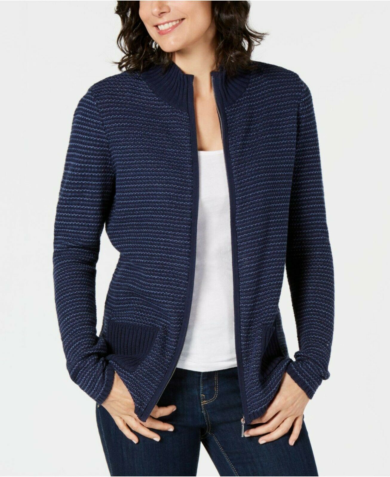Karen Scott Women's Textured Zip-Front CardiganNavy Size Extra Large
