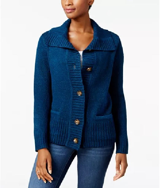 Karen Scott Women's Button-Front Shawl-Collar Cardigan Blue Size Small
