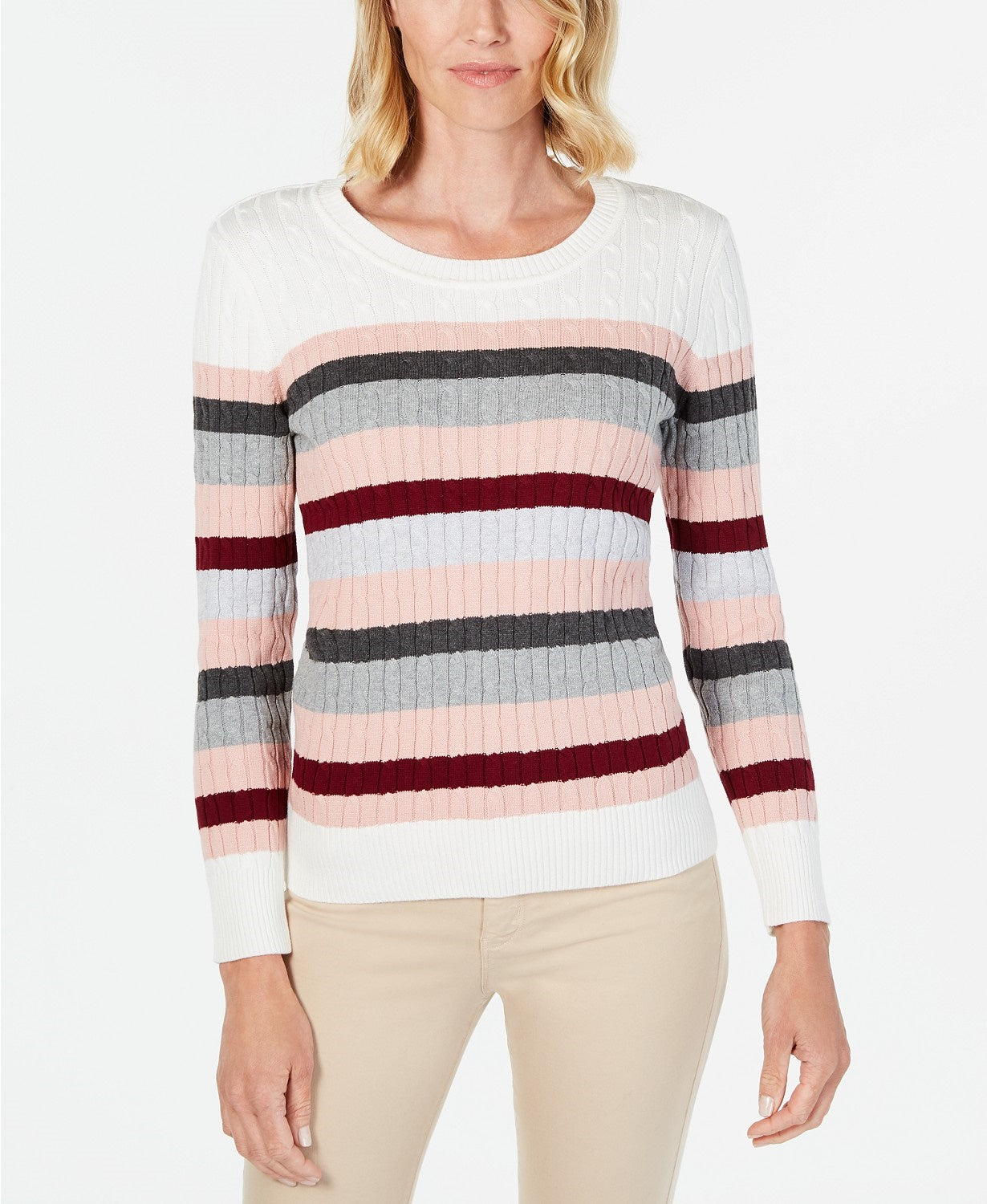 Karen Scott Women's Holly Striped Cotton Cable Sweater  Merlot Combo Size Medium