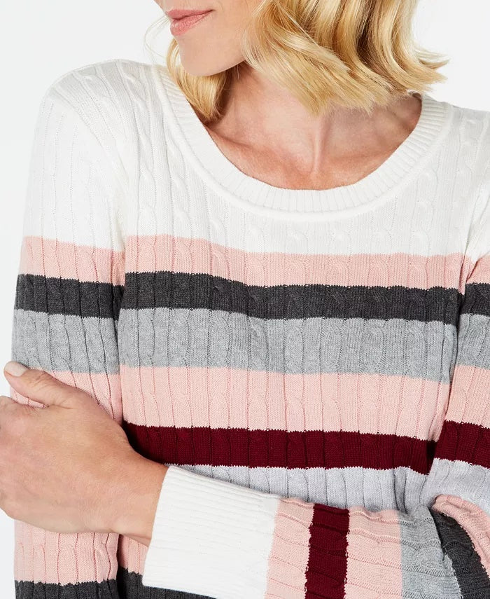 Karen Scott Women's Holly Striped Cotton Cable Sweater  Merlot Combo Size Medium