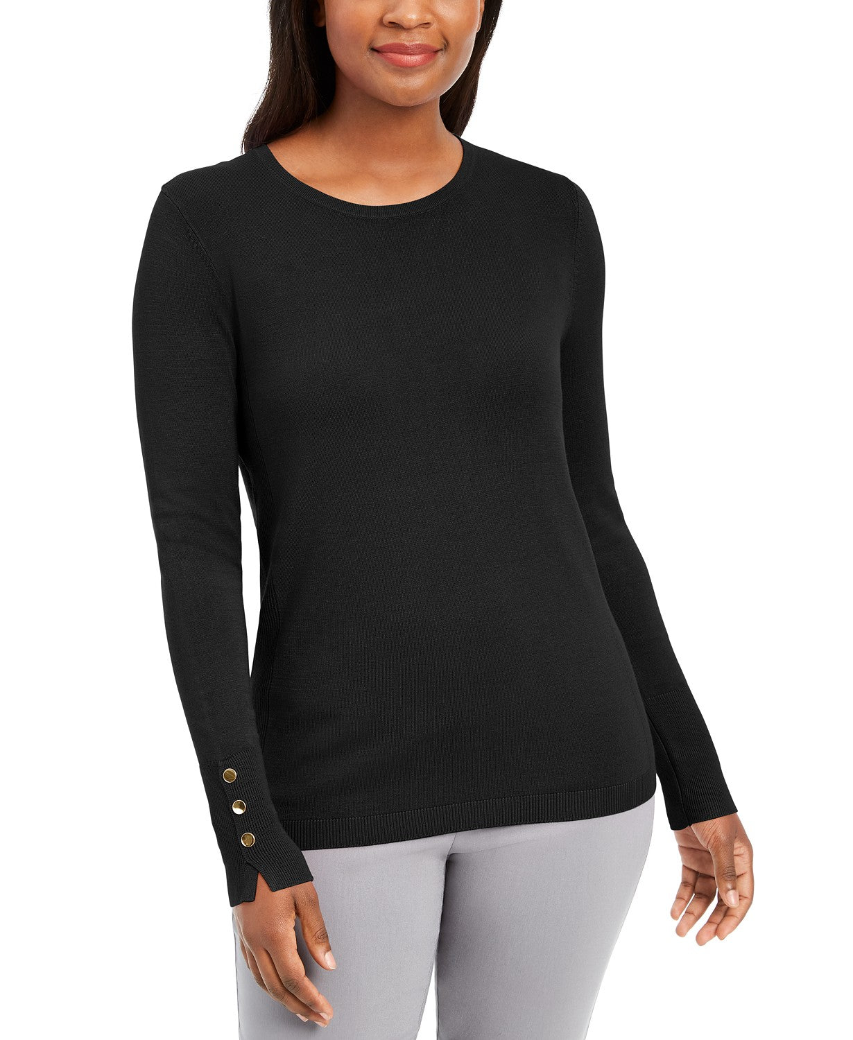 JM Collection Women's Button-Sleeve Crew-Neck Sweater Black Size Large