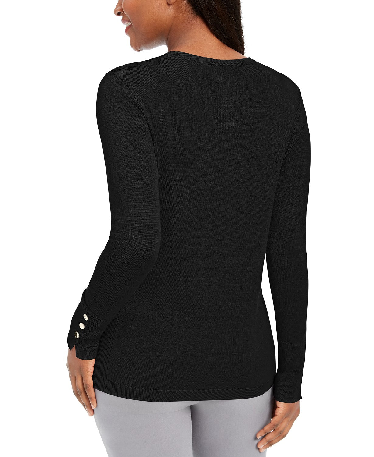 JM Collection Women's Button-Sleeve Crew-Neck Sweater Black Size Large