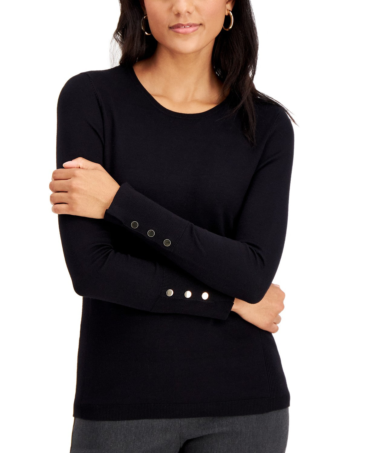 JM Collection Women's Button-Sleeve Crew-Neck Sweater Black Size Large