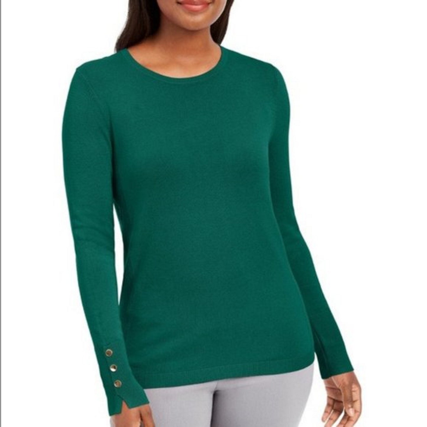 JM Collection Women's  Button-Cuff Crewneck Sweater Green Size Small