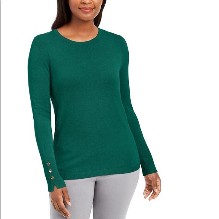 JM Collection Women's Button-Cuff Crewneck Sweater Green Size Extra Large
