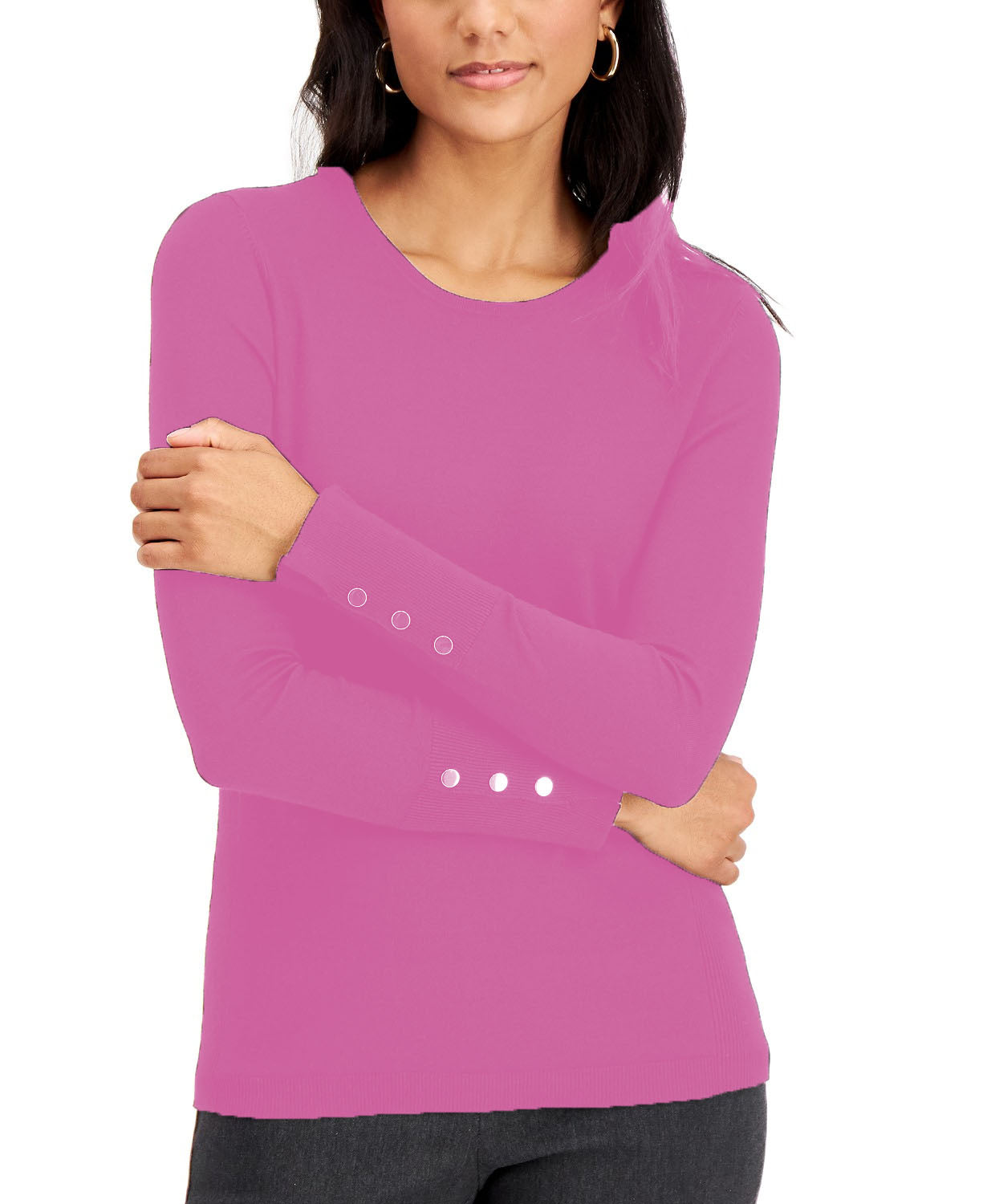 JM Collection Women's Button-Sleeve Crew-Neck Sweater Pink Size X-Large