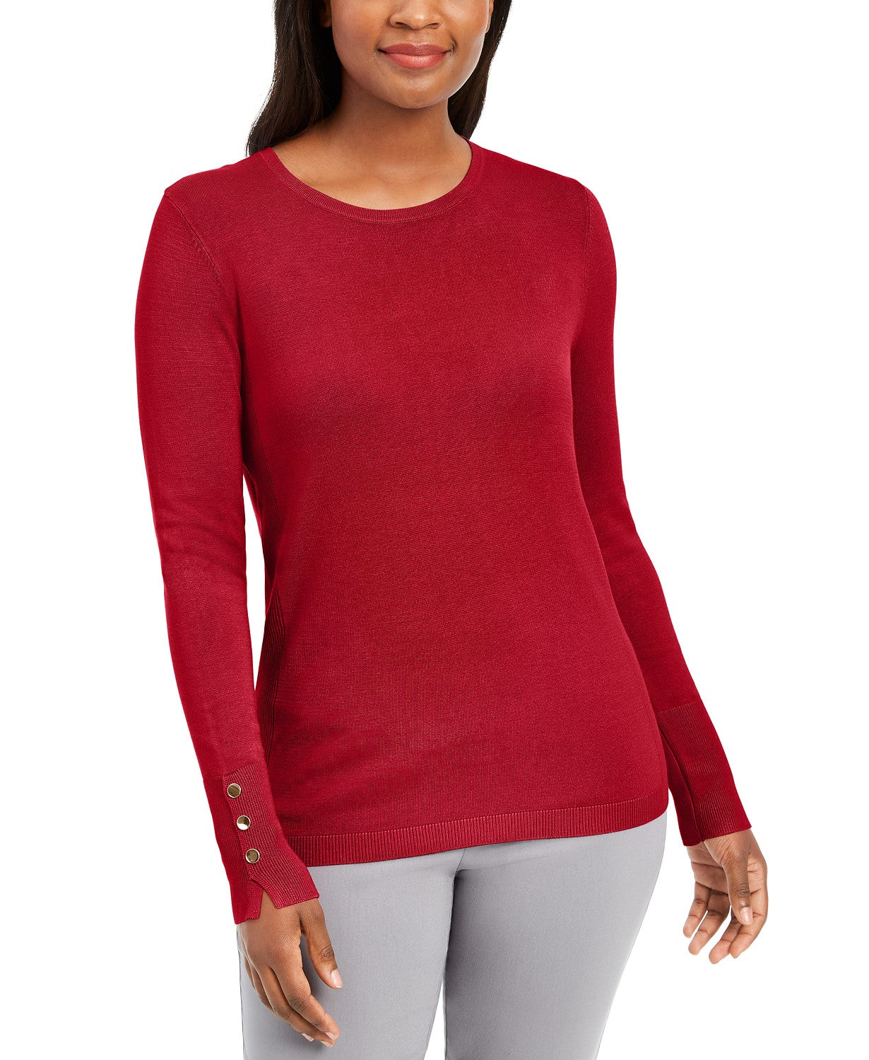 JM Collection Women's Button-Cuff Crewneck Sweater Wine Size Extra Large