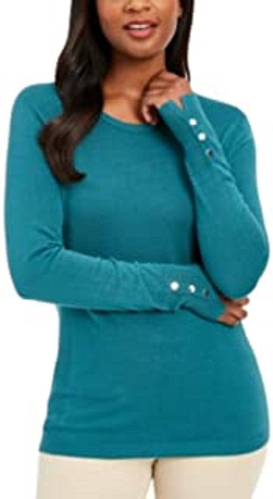 JM Collection Women's Petite Button-Cuff Crewneck Sweater Green Size Petite