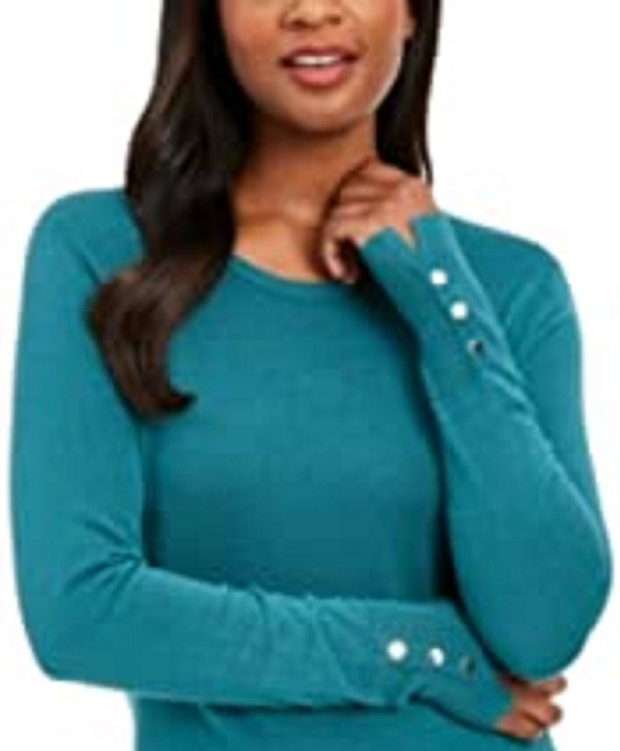 JM Collection Women's Petite Button-Cuff Crewneck Sweater Green Size Petite