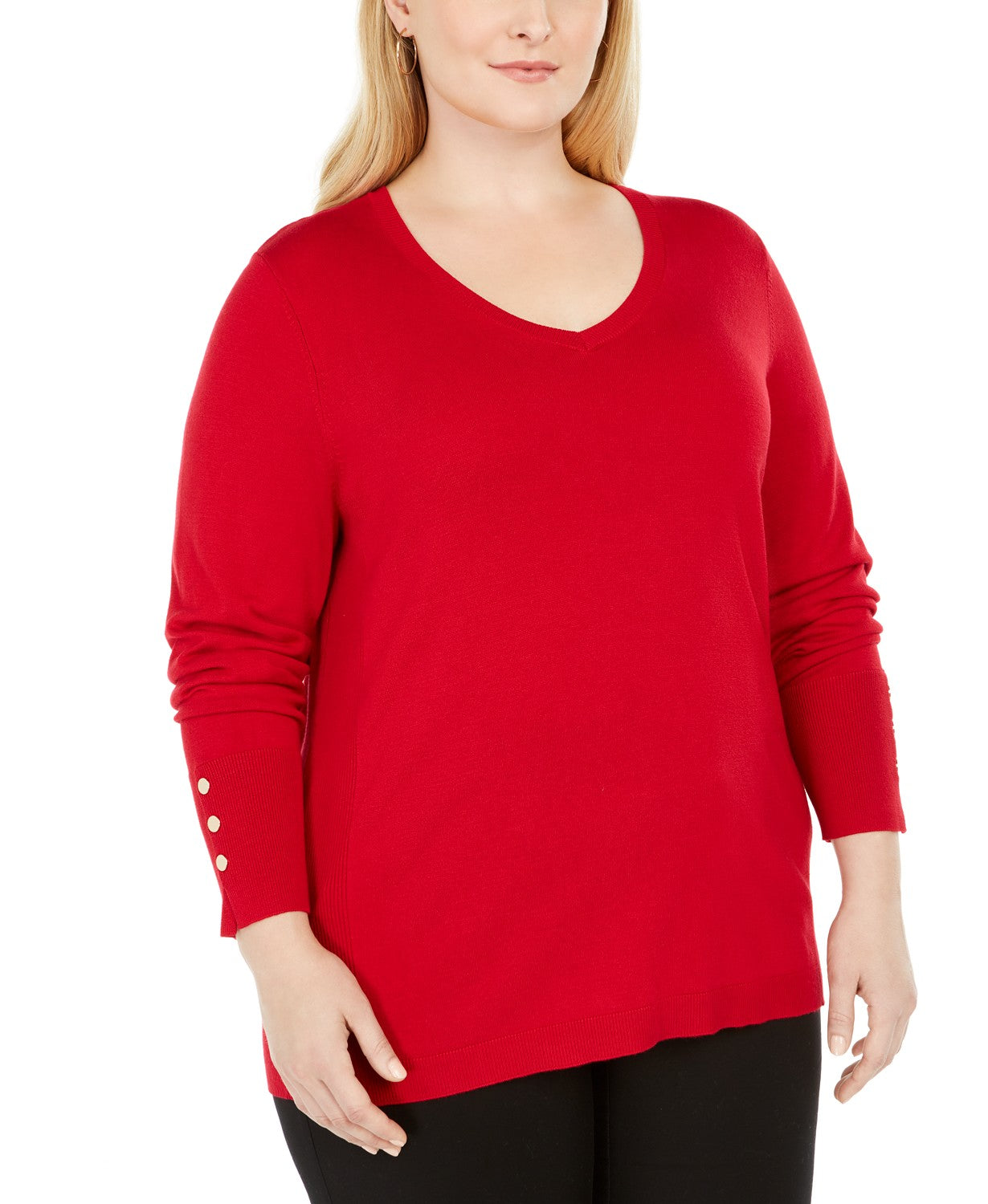 JM Collection Women'sCollection Plus Size Button-Cuff V-Neck Sweater  Red Size 2 Extra Large