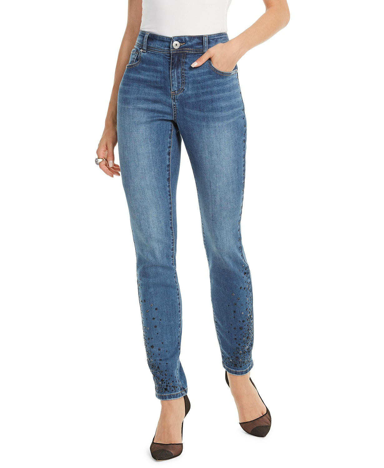 INC International Concepts Women's Rhinestone Skinny Ankle Jeans Blue Size 4