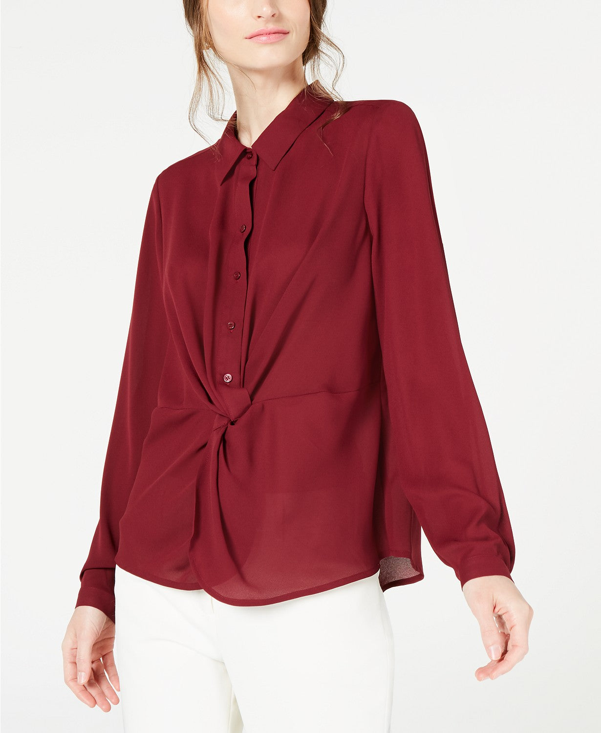 Alfani Women's Petite Twist-Front Button-Up Top Dark Red Size Medium