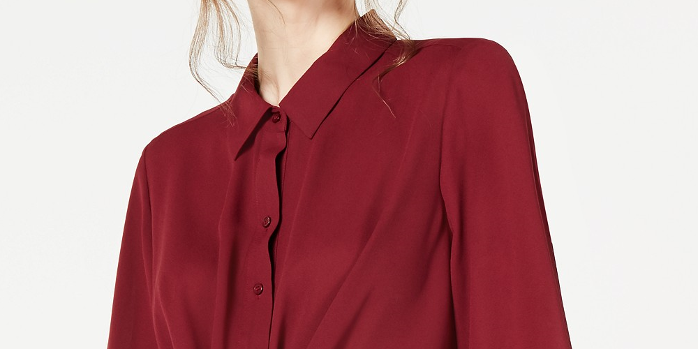 Alfani Women's Petite Twist-Front Button-Up Top Dark Red Size Medium