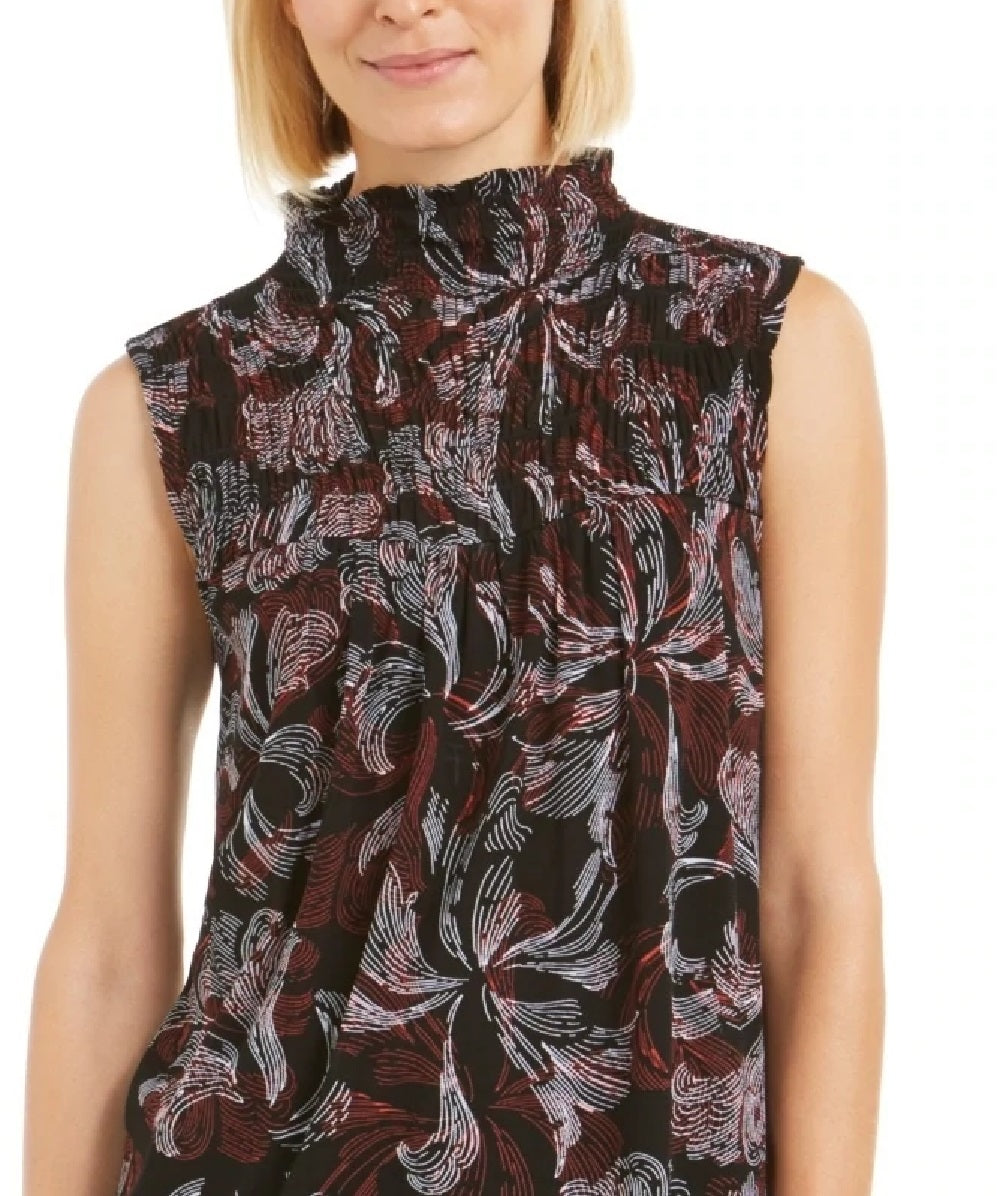 Alfani Women's Printed Smocked Mock-Neck Top Red Size Small