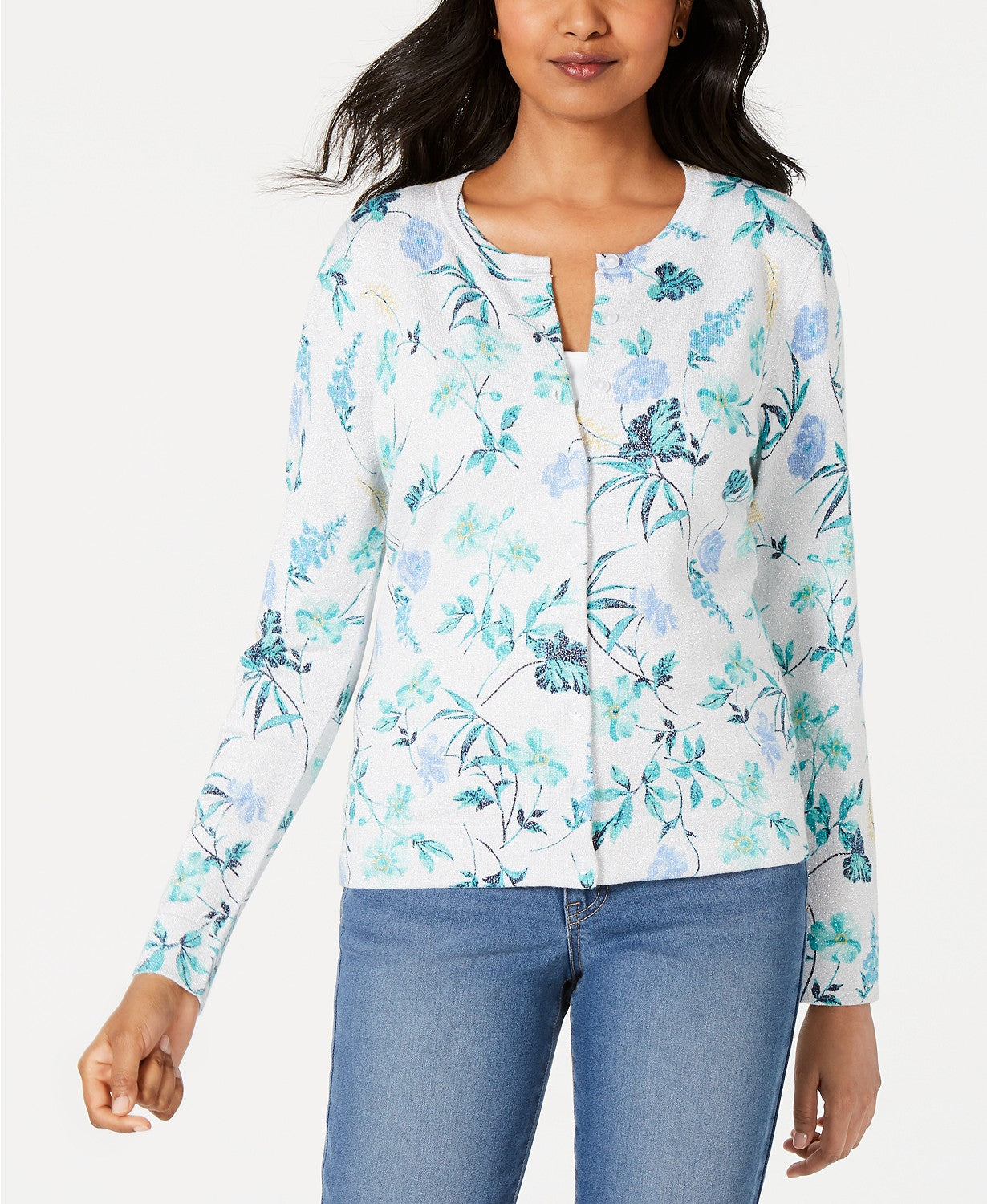 Charter Club Women's Floral-Print Cardigan White Size Small