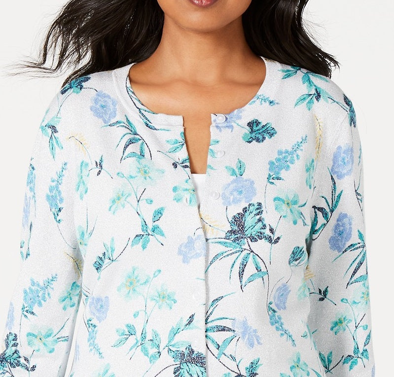 Charter Club Women's Floral-Print Cardigan White Size Small