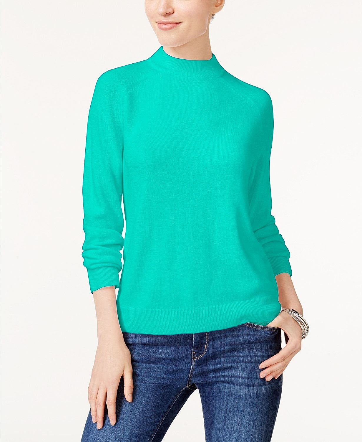 Karen Scott Women's Petite Luxsoft Zip-Back Sweater Aqua Size Small