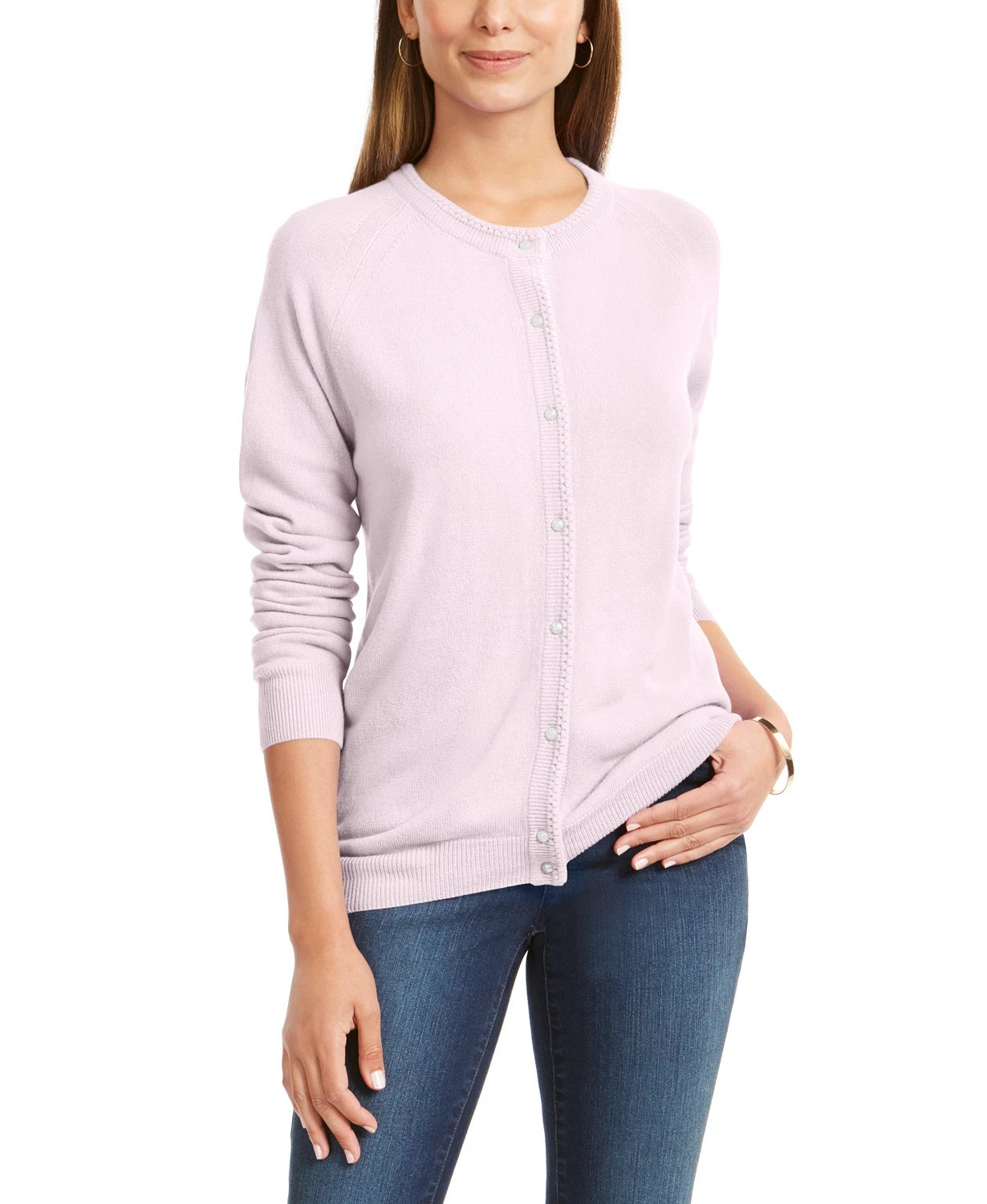 Karen Scott Women's Bead-Button Cardigan Pink Size Small