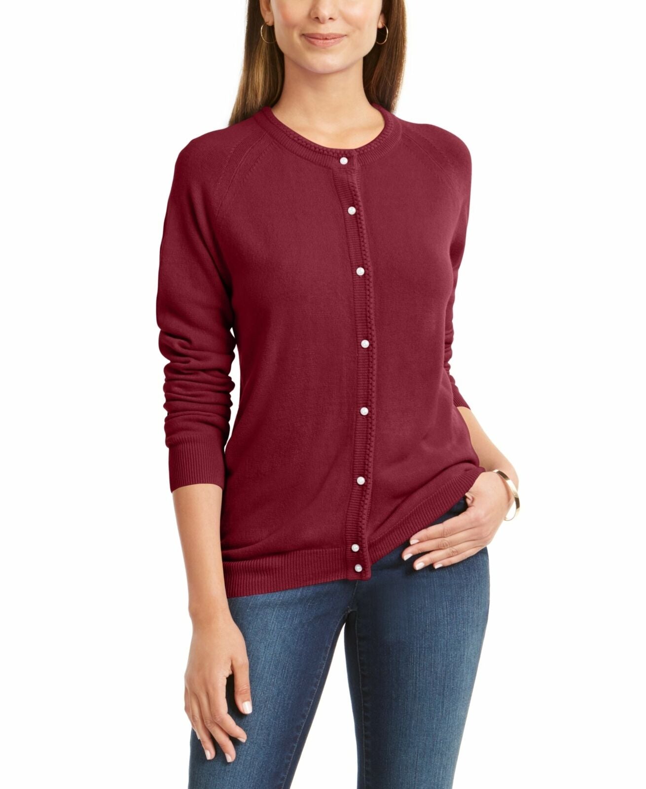 Karen Scott Women's Petite Luxsoft Button Cardigan Wine Size Medium
