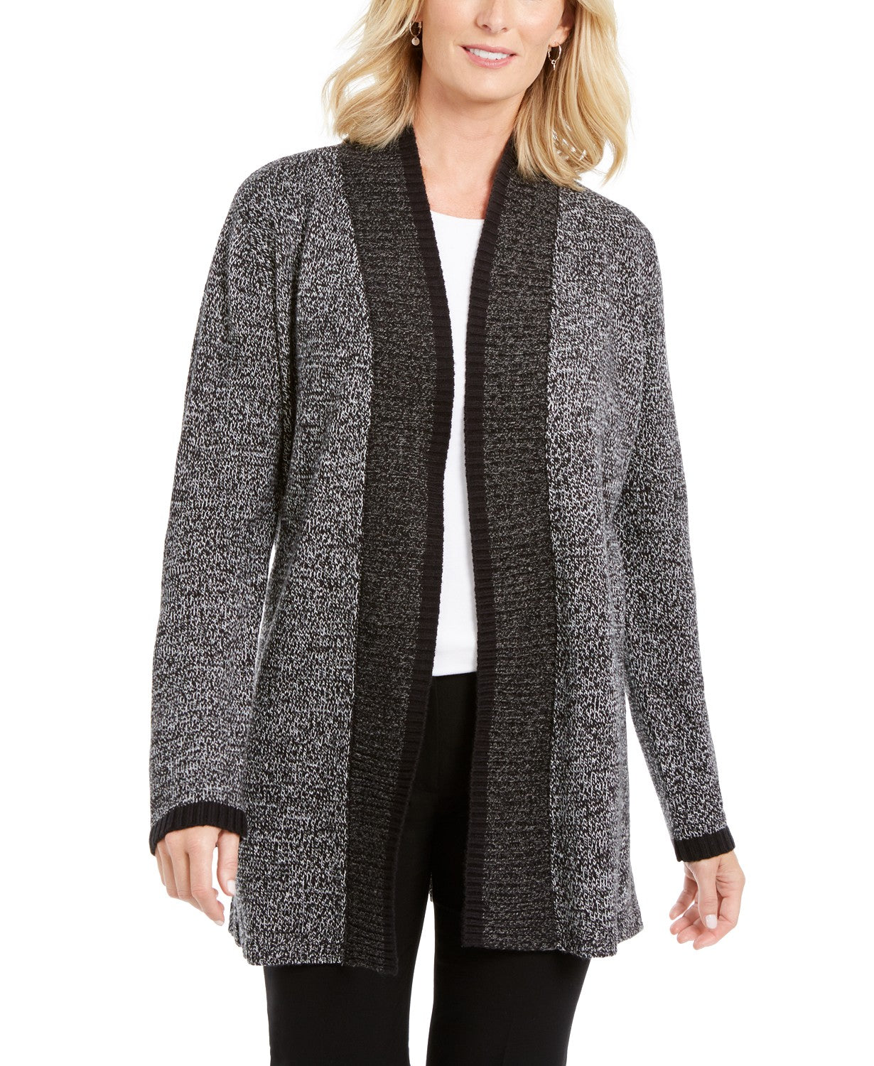 Karen Scott Women's Contrast-Trim Open-Front Cardigan  Black Size Large