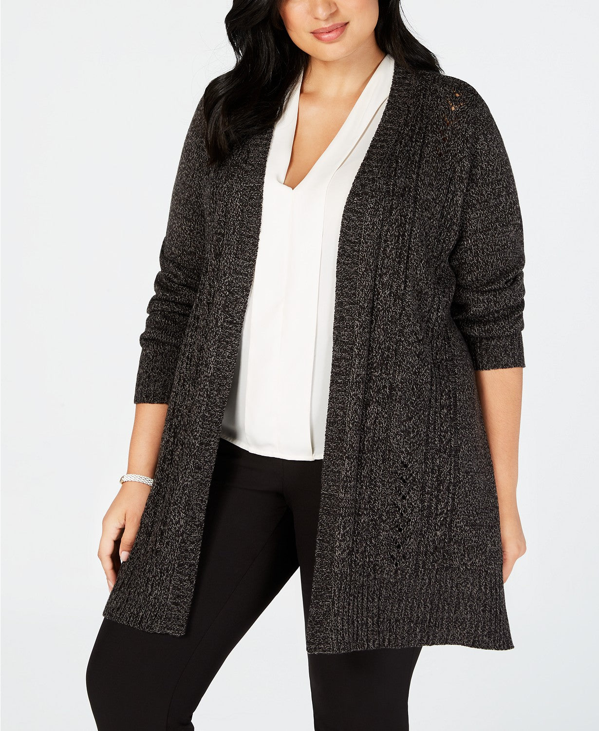 Karen Scott Women's Plus Size Pointelle Open-Front Cardigan Black Size 2X