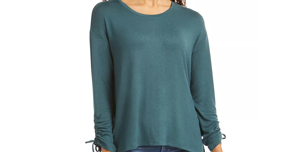 Style & Co Women's Drawstring Tie-Cuff Top Med Green Size Large