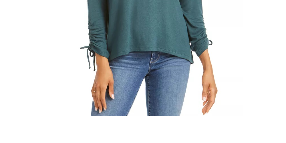 Style & Co Women's Drawstring Tie-Cuff Top Med Green Size Large