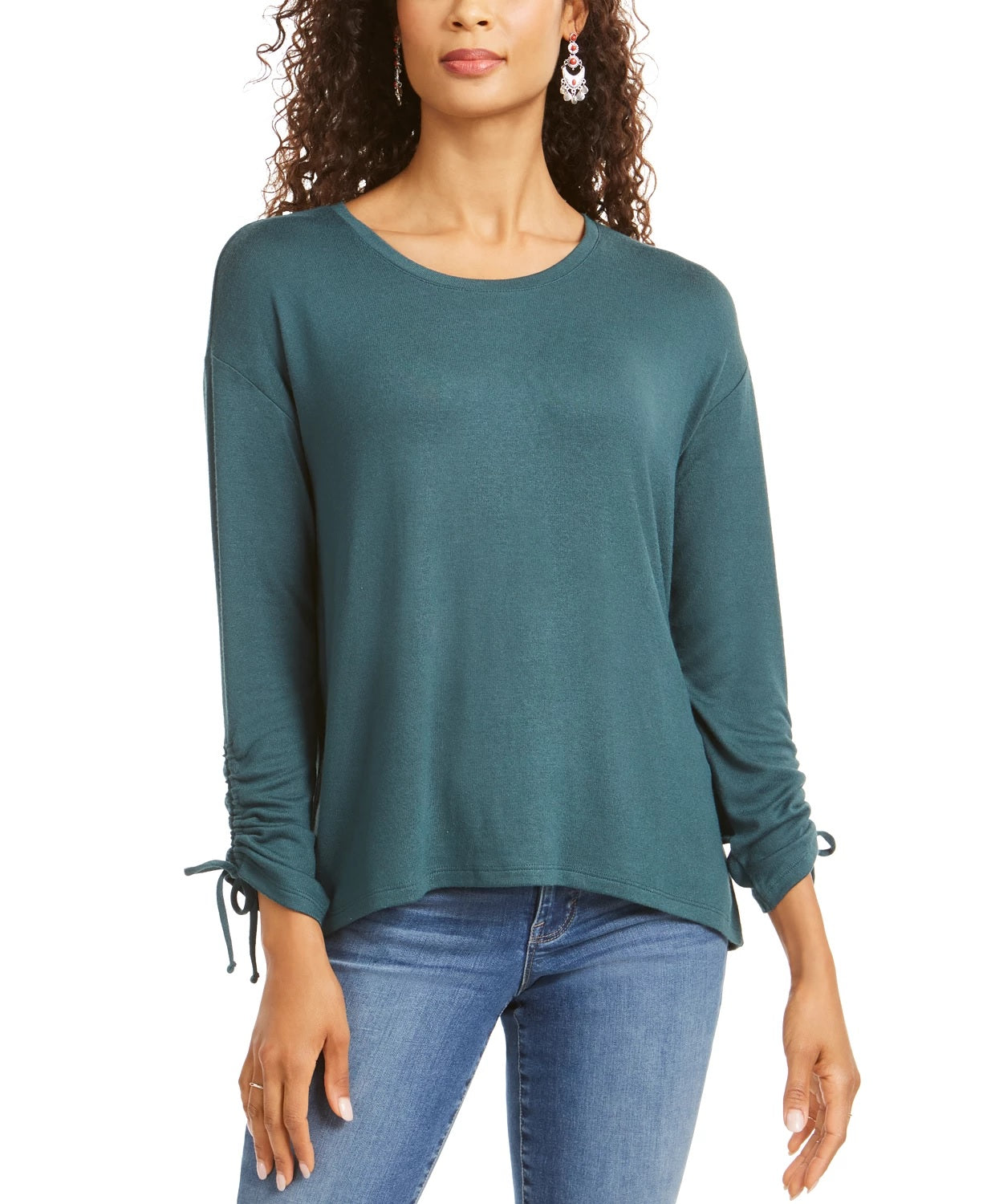 Style & Co Women's Petite Drawstring Tie-Cuff Top Green Size Petite