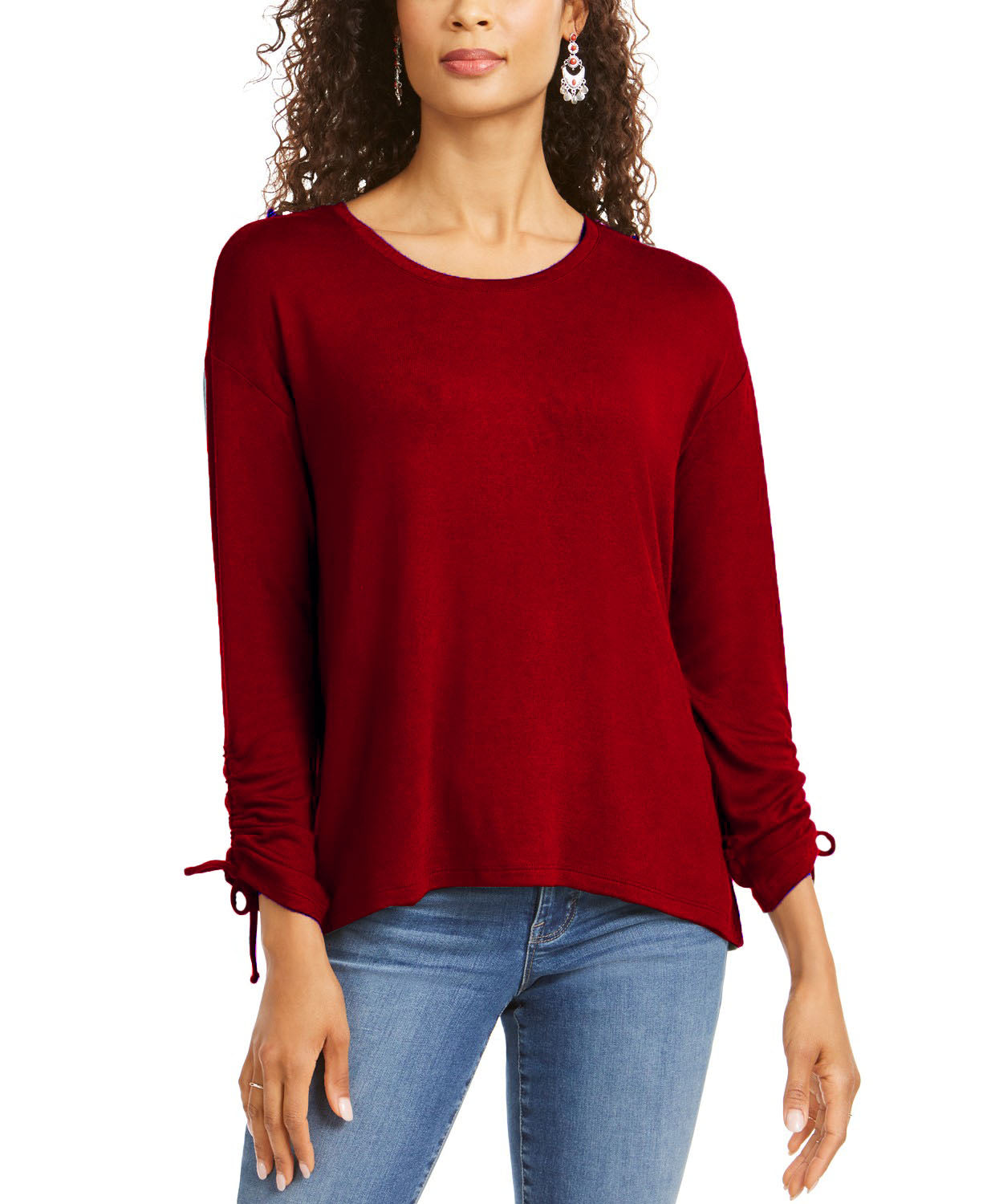 Style & Co Women's Petite Drawstring Tie-Cuff Top Red Size PP