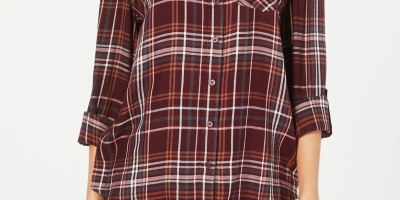 Style & Co Women's Petite Cotton Tab-Sleeve Plaid Shirt  Purple Size Petite Medium