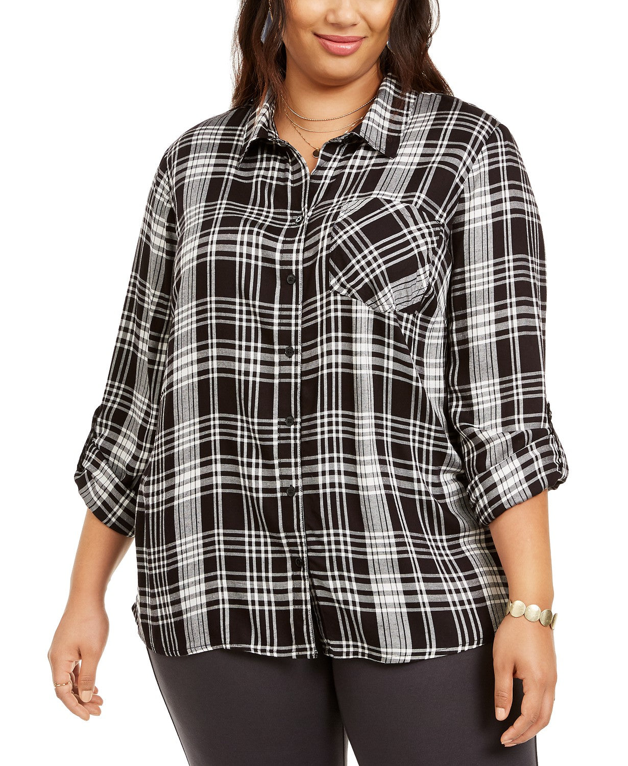 Style & Co Women's Plus Size Plaid Button-Up Shirt Black Size XX-Large