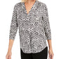 Charter Club Women's Animal Print Pleated V Neck Top White Size Small