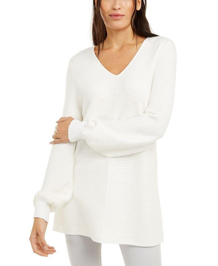 Alfani Women's Ribbed Knit Tunic Sweater White Size Petite Large