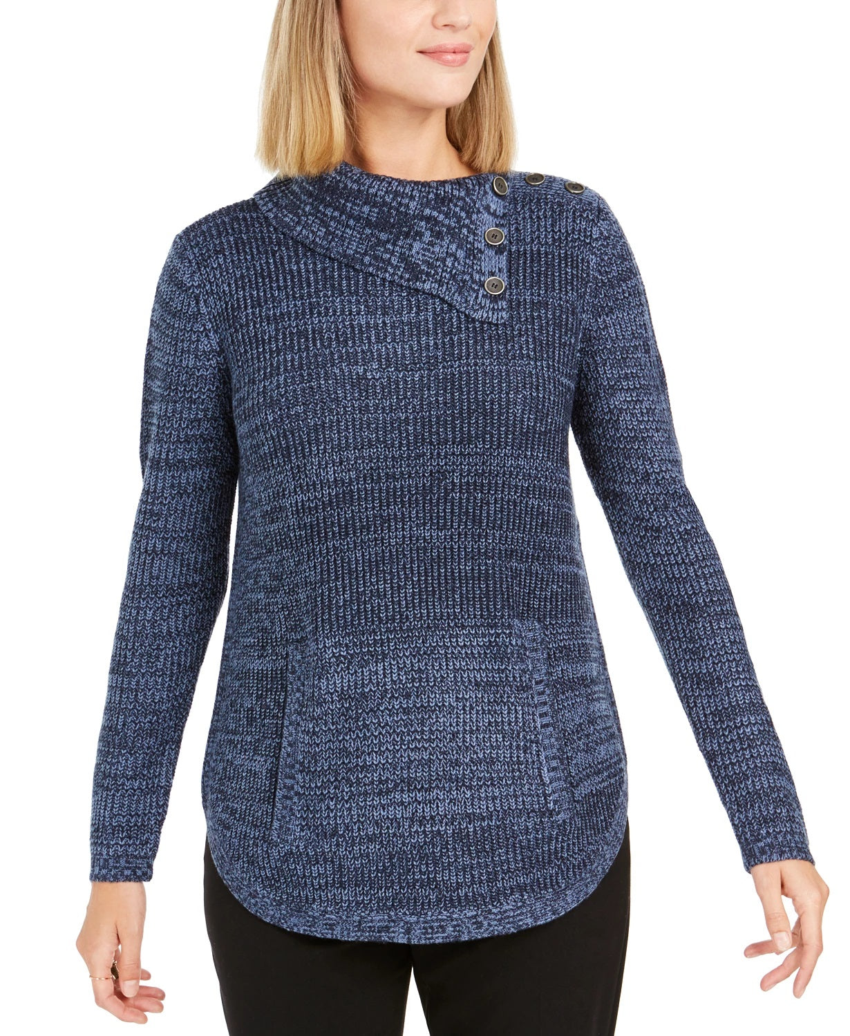 Style & Co Women's Envelope Neck Kangaroo Pocket Knit Sweater Blue Size Extra Small