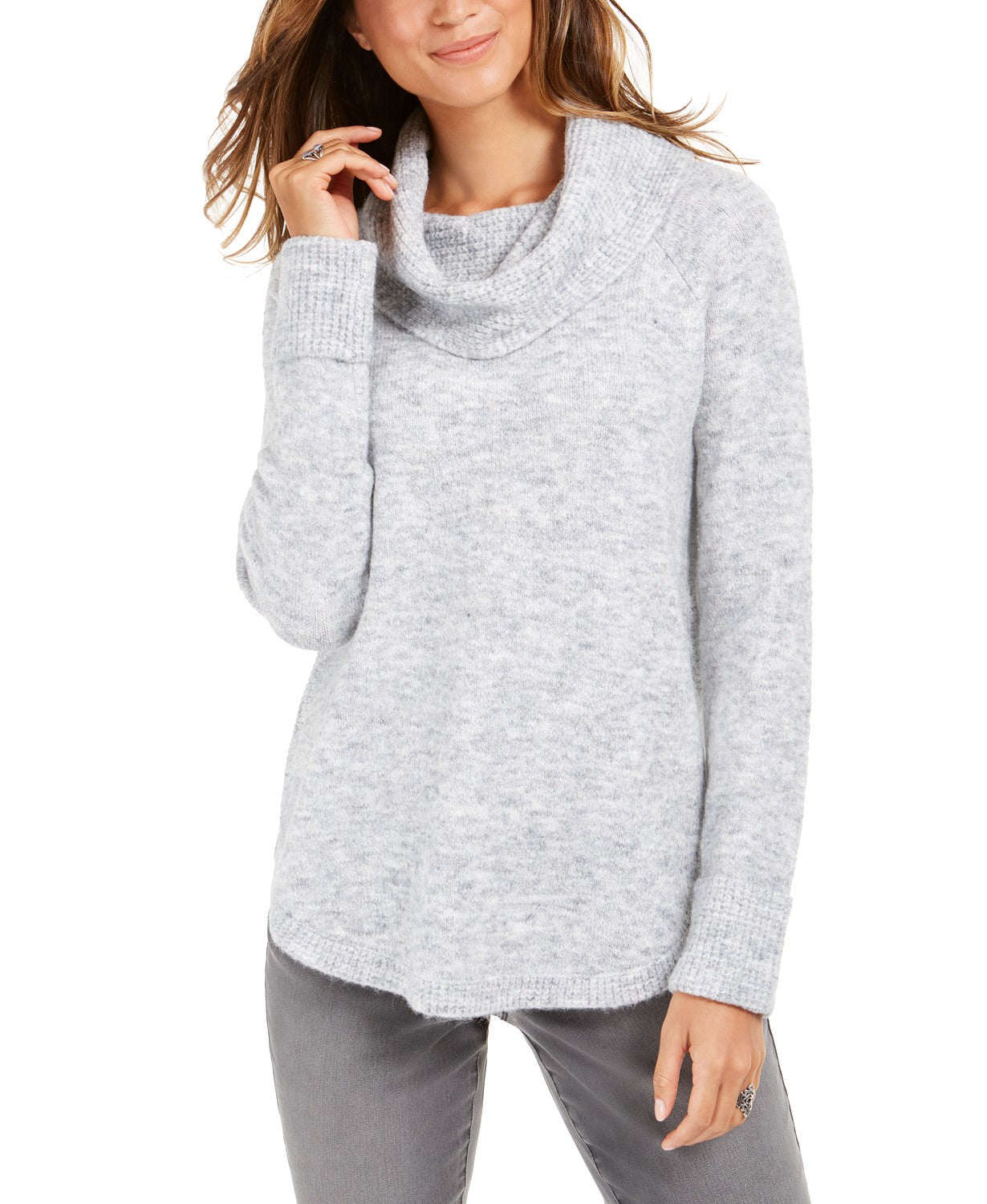 Style & Co Women's Cowl-Neck Waffle-Knit Sweater Gray Size Small